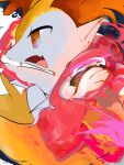  1girl animal_ear_fluff animal_ears animal_nose body_fur braixen commentary english_commentary fang fire fox_ears fox_girl furry furry_female hand_up highres looking_to_the_side neck_fur open_mouth pokemon pokemon_(creature) profile pyrokinesis skin_fang snout solo two-tone_fur white_fur yellow_fur zen_(koko) 