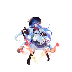  1girl apron back_bow belt belt_boots black_hat blue_bow blue_hair blue_skirt boots bow bowtie brown_boots center_frills closed_mouth embellished_costume frills full_body game_cg hat hat_ornament highres hinanawi_tenshi holding holding_sword holding_weapon knee_boots leaf leaf_hat_ornament long_hair long_sleeves looking_at_viewer non-web_source official_art peach_hat_ornament rainbow_order red_bow red_bowtie red_eyes second-party_source shirt skirt smile solo sword sword_of_hisou touhou touhou_gensou_eclipse transparent_background u_u_zan very_long_hair weapon white_apron white_shirt wide_sleeves 