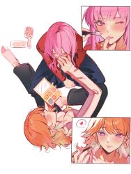  2girls absurdres alternate_hairstyle amlichan applying_another&#039;s_makeup applying_makeup blush earrings feather_earrings feathers hair_brush heart highres hololive hololive_english jewelry long_hair looking_at_viewer mori_calliope multiple_girls orange_hair pink_hair simple_background spoken_heart takanashi_kiara violet_eyes virtual_youtuber 