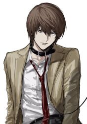  1boy belt black_belt brown_eyes brown_hair brown_pants collared_shirt death_note hair_between_eyes highres leash looking_at_viewer loose_necktie male_focus necktie pants red_necktie shirt short_hair simple_background solo sso_s white_background white_shirt yagami_light 