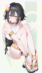  1girl absurdres amber_(stella_sora) armlet black_hair breasts flower gjz1227 gold_armlet hair_flower hair_ornament highres jewelry large_breasts legband looking_at_viewer official_alternate_costume open-toe_shoes open_mouth platform_sandals sandals short_hair stella_sora swimsuit yellow_eyes 