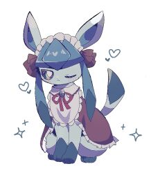  212mettyasuki animal_focus blue_eyes closed_mouth clothed_pokemon commentary_request glaceon glaceon_(tea_party) heart highres no_humans one_eye_closed pokemon pokemon_(creature) pokemon_unite simple_background sitting solo white_background 