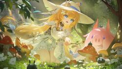  1girl absurdres basket blonde_hair blue_eyes commentary_request dress duet_night_abyss filbert_(duet_night_abyss) flower hat highres light_rays long_hair mushroom open_mouth outdoors pig sparkling_eyes tree truffle_(duet_night_abyss) ttk_(kirinottk) very_long_hair white_dress white_flower white_hat 
