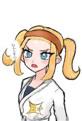  1girl blonde_hair blue_eyes commentary_request cutter_0303 dougi eyelashes freckles hairband highres josee_(pokemon) long_sleeves looking_at_viewer orange_hairband pokemon pokemon_legends:_z-a solo translation_request twintails upper_body white_background 