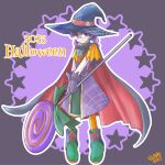  1girl bat_bowtie braid cape dated dress full_body glasses gloves halloween hat hat_ribbon highres holding holding_wand original purple_background purple_dress purple_gloves purple_hair red_eyes red_ribbon ribbon signature solo spider_web_print standing starry_background toki_tencho twin_braids wand witch witch_hat 