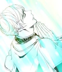  1boy arch_bishop_(ragnarok_online) blue_theme capelet closed_eyes commentary_request from_behind kino_cozi male_focus monochrome official_alternate_costume open_mouth own_hands_together praying ragnarok_online short_hair simple_background solo upper_body 