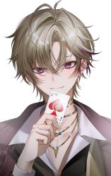  1boy absurdres ace_(playing_card) ace_of_spades blonde_hair card character_request closed_mouth collarbone commentary copyright_request ear_piercing hair_between_eyes hashtag-only_commentary highres holding holding_card jacket jewelry long_sleeves looking_at_viewer male_focus multicolored_hair necklace onmoynn open_clothes open_jacket piercing playing_card portrait purple_jacket purple_streaks short_hair simple_background smile solo spade_(shape) streaked_hair violet_eyes white_background 