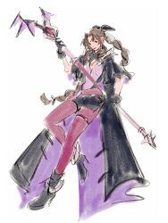  absurdres aerith_gainsborough aerith_gainsborough_(bahamut_robe) armor belt black_boots black_capelet black_coat black_gloves black_ribbon black_romper boots braid braided_ponytail breastplate breasts brown_belt brown_hair capelet coat final_fantasy final_fantasy_vii final_fantasy_vii_ever_crisis floating full_body gloves hair_ribbon highres holding holding_staff long_coat long_hair loose_belt medium_breasts mmariesr official_alternate_costume pantyhose parted_lips purple_pantyhose ribbon romper sidelocks single_braid sketch sleeveless sleeveless_coat staff thigh_strap 