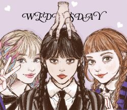  1other 3girls agnes_demille black_bow black_bowtie black_hair black_jacket black_necktie blonde_hair blue_jacket bow bowtie braid brown_hair character_name closed_mouth collared_shirt copyright_name disembodied_hand enid_sinclair freckles hand_on_another's_head illust2222 jacket long_hair medium_hair multicolored_hair multiple_girls necktie pink_lips purple_background red_lips shirt smile stitched_hand streaked_hair striped_clothes striped_jacket the_addams_family thing_(the_addams_family) twin_braids upper_body v wavy_hair wednesday_(netflix) wednesday_addams white_shirt 