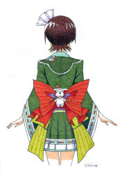  1girl artist_name back_bow bow brown_hair cowboy_shot earrings facing_away final_fantasy final_fantasy_vii final_fantasy_vii_rebirth final_fantasy_vii_remake from_behind green_kimono hair_ribbon highres japanese_clothes jewelry kimono moogle official_alternate_costume okha outstretched_arms ribbon short_hair short_kimono solo traditional_media white_background white_ribbon wide_sleeves yuffie_kisaragi yuffie_kisaragi_(wutai_pop_star) 