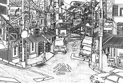  absurdly_detailed_composition absurdres building car commentary_request complex_exterior greyscale highres lamppost lineart monochrome motor_vehicle no_humans original outdoors pen_(medium) power_lines road road_sign scenery sign street traditional_media translation_request urban yamaguti 