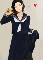  1boy black_pantyhose black_serafuku clothes_lift commentary_request crossdressing crossdressing_(mtf) gun heart holding holding_gun holding_weapon kamosuke kiryuu_daigo lifting_own_clothes long_skirt male_focus one_eye_closed pantyhose pleated_skirt school_uniform serafuku short_hair skirt skirt_lift smile solo super_sentai weapon zyuden_sentai_kyoryuger 