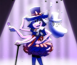  0_0 1girl 1other 2015 2d ambiguous_gender anthro arachnid arthropod arthropod_girl black_sclera bow chinese_commentary colored_sclera cowboy_shot digital_media duo extra_arms extra_eyes fangs female ghost hat holding holding_hat monster monster_girl muffet musical_note napstablook nnbadbear purple_skin red_bow short_twintails side-by-side simple_background spider spider_girl spotlight staff standing tears top_hat twintails undertale utdr_(toby_fox) 