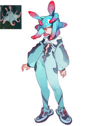  1girl absurdres black_eyes blue_hair blue_shoes commentary full_body highres linween long_sleeves looking_at_viewer multicolored_hair octopus original photo-referenced photo_inset red_hair shoes simple_background solo standing white_background 