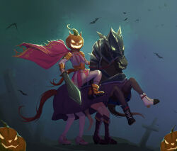  4girls admire_vega_(umamusume) animal_costume bat_(animal) boots cai_ji_(user_jmrv4342) cape full_body glowing halloween halloween_costume headless_horseman highres holding holding_sword holding_weapon horse_costume horse_tail jack-o&#039;-lantern lifting_person long_sleeves meisho_doto_(umamusume) multiple_girls narita_top_road_(umamusume) night outdoors pantyhose shirt sitting sitting_on_person skirt standing sword t.m._opera_o_(umamusume) tail tombstone umamusume weapon 
