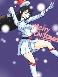  1girl bambietta_basterbine belt black_belt bleach bleach:_sennen_kessen-hen breasts brown_hair buckle commentary gloves hat heart heart-shaped_buckle highres jacket long_hair medium_breasts merry_christmas purple_background quincy_(bleach) red_eyes santa_hat skirt smile snowing solo spinosaur1111 sternritter twitter_username wandenreich_uniform white_gloves white_hat white_jacket white_skirt 