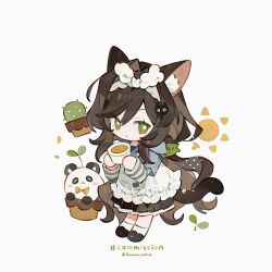  1girl animal_ear_fluff animal_ears black_shoes black_skirt bright_pupils brown_hair cactus cat_ears cat_girl cat_hair_ornament cat_tail chibi chibi_only closed_mouth commission cup full_body green_eyes hair_intakes hair_ornament highres holding holding_cup kanae_(cookie) layered_sleeves long_hair long_sleeves looking_at_viewer original pleated_skirt shirt shoes short_over_long_sleeves short_sleeves simple_background skirt socks solo standing striped_sleeves tail twitter_username white_background white_pupils white_shirt white_socks 