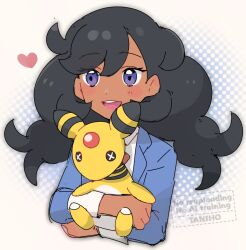  1girl ampharos black_hair blue_jacket blush dark-skinned_female dark_skin emma_(pokemon) heart holding holding_stuffed_toy hugging_doll hugging_object jacket long_hair open_clothes open_jacket open_mouth pokemon pokemon_xy shirt smile solo stuffed_animal stuffed_toy tansho teeth upper_body upper_teeth_only violet_eyes white_shirt 