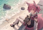  1girl absurdres animal_ear_fluff animal_ears arknights beach black_footwear chinese_commentary closed_mouth commentary_request fox_ears fox_girl fox_tail full_body glaring hair_ornament high_heels highres holding holding_stuffed_toy knife long_sleeves looking_at_viewer morte_(arknights) ocean outdoors pantyhose pink_eyes pink_hair pink_skirt pleated_skirt puffy_long_sleeves puffy_sleeves sand seashell shamare_(arknights) shell shirt short_twintails sitting skirt solo stuffed_toy stuffed_wolf tail torn_clothes twintails wall water welt_(kinsei_koutenkyoku) white_pantyhose white_shirt 