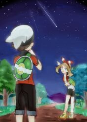  1boy 1girl backpack bag bike_shorts bike_shorts_under_shorts black_pants black_shorts blue_eyes blush brendan_(pokemon) brown_hair commentary_request eyelashes fanny_pack from_behind grass green_bag hairband hat highres kisama_(0213) may_(pokemon) medium_hair night night_sky open_mouth outdoors pants path pointing pointing_up pokemon pokemon_oras red_hairband red_shirt shirt shoes shooting_star short_hair shorts sky smile standing star_(sky) starry_sky tree white_hat white_shorts yellow_shoes 