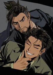  2boys black_hair black_jacket blush brothers bul_jelly closed_eyes closed_mouth commentary_request facial_hair forked_eyebrows formal_clothes genji_(overwatch) goatee grey_jacket grin hand_on_own_chin hanzo_(overwatch) highres jacket korean_commentary lapels layered_sleeves long_sleeves male_focus medium_sideburns multiple_boys notched_lapels open_clothes open_jacket overwatch shirt short_hair siblings smile suit_jacket teeth white_shirt widow's_peak 