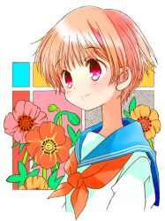  1girl blue_eyes blue_sailor_collar brown_hair bud closed_mouth commentary flower hiyopuko neckerchief original pink_flower red_flower red_neckerchief sailor_collar school_uniform serafuku shirt short_hair smile solo upper_body white_flower white_shirt 