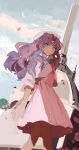  1girl beret blue_sky chu_chu_(shoujo_kakumei_utena) closed_mouth clouds crescent_moon dark-skinned_female dark_skin dress flower green_eyes hat highres himemiya_anthy long_hair looking_at_viewer moon mouse outdoors petals pink_dress pink_flower pink_rose purple_hair qtonagi rose sack shoujo_kakumei_utena sky smile solo standing wavy_hair white_headwear 