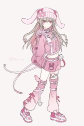  1girl absurdres animal_ears arms_behind_back beanie belt blunt_bangs blush bow buckle character_name chest_harness closed_mouth clothes_writing colored_inner_hair cropped_jacket cross-laced_clothes cross-laced_legwear drill_hair fake_animal_ears floppy_ears frills full_body grey_hair gun_(9un_xx) hair_down harness hat hat_bow heart heart-shaped_buckle highres jacket leg_tattoo long_hair looking_at_viewer loose_belt makaino_ririmu midriff multicolored_hair name_tag navel nijisanji official_alternate_costume official_alternate_hairstyle pants pink_belt pink_bow pink_hair pink_jacket pink_shoes pink_shorts pink_streaks pink_thighhighs pointy_ears rabbit_ears red_eyes shoes short_shorts shorts sidelocks simple_background sleeves_past_wrists sneakers solo standing streaked_hair stuffed_animal stuffed_toy tattoo thigh-highs track_jacket track_pants twitter_username two-tone_hair virtual_youtuber white_background white_belt winged_heart winged_heart_tattoo 