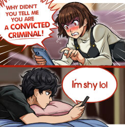  1boy 1girl amamiya_ren black_hair blunt_bangs blush braid breasts brown_hair crown_braid holding holding_phone long_sleeves medium_breasts neggoartz niijima_makoto open_mouth pantyhose persona persona_5 phone red_eyes school_uniform shirt short_hair simple_background skirt 