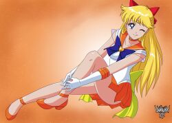  1girl adult_swim aino_minako bishoujo_senshi_sailor_moon bishoujo_senshi_sailor_moon_r bishoujo_senshi_sailor_moon_r:_the_movie bishoujo_senshi_sailor_moon_s bishoujo_senshi_sailor_moon_s:_the_movie bishoujo_senshi_sailor_moon_supers bishoujo_senshi_sailor_moon_supers:_the_movie blonde_hair blue_eyes bow breasts danmakuman long_hair looking_at_viewer magical_girl miniskirt on_floor one_eye_closed red_bow sailor_venus sitting skirt super_sailor_venus toei_animation toonami very_long_hair viz_media wink 