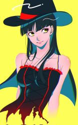  1girl alternate_costume amagi_yukiko arms_at_sides bare_shoulders black_hair black_hat breasts closed_mouth commentary_request corrupted_twitter_file cropped_torso cross-laced_clothes cross-laced_top hat highres inuha_dayo52 lace-trimmed_shirt lace_trim long_hair looking_to_the_side medium_breasts persona persona_4 shirt sidelocks simple_background sleeveless sleeveless_shirt smile solo spaghetti_strap straight_hair white_shirt witch_hat yellow_background yellow_eyes 