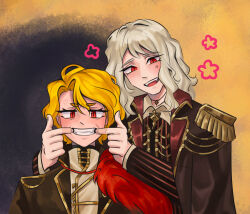  1boy 1girl ahoge blonde_hair blush don_quixote_(project_moon) epaulettes fizzlemeef forced_smile fur_collar highres jewelry la_manchaland's_don_quixote_(project_moon) limbus_company long_hair male_focus military military_uniform necklace open_mouth project_moon red_eyes sancho_(project_moon) short_hair smile upper_body white_hair 
