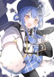  1girl :d aroha_j asymmetrical_legwear bag black_bag black_capelet black_hat black_pantyhose blue_hair blue_necktie blue_skirt braid braided_hair_rings breaking capelet clenched_hands commentary deerstalker hair_rings hat highres looking_at_viewer magical_girl mahou_shoujo_no_majo_saiban messenger_bag necktie open_mouth orange_eyes pantyhose plaid_clothes plaid_skirt punching shirt short_hair shoulder_bag simple_background single_leg_pantyhose skirt smile solo tachibana_sherry white_background white_shirt 