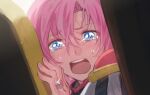  1girl blue_eyes blush commentary_request crying crying_with_eyes_open derivative_work epaulettes furrowed_brow hair_between_eyes hand_up jewelry looking_at_viewer open_mouth pink_hair ring sad scratches screencap_redraw shoujo_kakumei_utena solo sweatdrop tears tenjou_utena ugonba_(howatoro) upper_body 