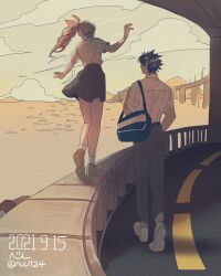  1boy 1girl absurdres aerith_gainsborough alternate_costume alternate_universe bag bare_legs black_hair braid braided_ponytail bridge brown_hair clouds cloudy_sky contemporary crisis_core_final_fantasy_vii dated final_fantasy final_fantasy_vii from_behind grey_pants hair_ribbon highres horizon long_hair looking_at_another miniskirt nul ocean outdoors pants pink_ribbon pleated_skirt ponytail ribbon school_uniform shirt shoes short_hair short_sleeves shoulder_bag skirt sky socks spiky_hair twitter_username walking white_shirt white_shoes white_socks zack_fair 