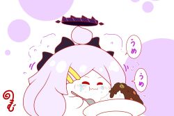  :i ahoge blue_archive blush closed_eyes closed_mouth commentary_request crying curry curry_rice eating flying_sweatdrops food food_on_face hair_ornament hairclip halo hina_(blue_archive) holding holding_spoon horns kurukurumagical long_hair motion_lines plate rice rice_on_face solo spoon tears translation_request very_long_hair wavy_mouth white_background 