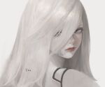  12yun30 1girl a2_(nier:automata) android close-up expressionless grey_eyes highres joints lips long_hair looking_at_viewer mole mole_under_mouth nier:automata nier_(series) red_lips robot_joints simple_background solo white_background white_hair 