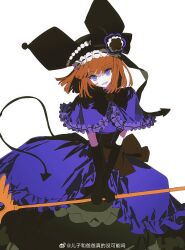  1girl 4030322167 alternate_costume black_bow black_bowtie black_gloves blunt_bangs bob_cut bow bow_flower bowtie brown_bow brown_flower brown_rose capelet cosplay demon_tail dress dress_bow elbow_gloves eva_beatrice feet_out_of_frame floating_hair flower frilled_capelet frilled_dress frills gloves hat hat_ribbon head_tilt highres holding holding_staff kuromi kuromi_(cosplay) looking_at_viewer medium_hair orange_hair pale_skin purple_capelet ribbon ribbon-trimmed_capelet ribbon-trimmed_headwear ribbon_trim rose solo staff tail umineko_no_naku_koro_ni violet_eyes 