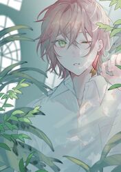  10_io 1boy blurry collared_shirt crossed_bangs depth_of_field earrings green_eyes hair_behind_ear hair_between_eyes hand_up highres holostars indoors jewelry leaf looking_at_viewer male_focus one_eye_closed open_collar parted_lips pink_hair plant rikka_(holostars) shirt short_hair sidelighting single_earring solo upper_body virtual_youtuber white_shirt window 