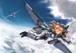  1girl aircraft airplane animal_ears bodysuit clouds fighter_jet flying helmet highres horse_ears horse_girl horse_tail mayano_top_gun_(umamusume) mecha_musume mechanical_wings military_vehicle orange_eyes orange_hair orange_tail ponpochi smile tail thrusters umamusume wings 