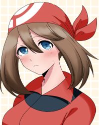  1girl bandana bike_shorts bike_shorts_under_shorts blue_eyes breasts brown_hair closed_mouth highres looking_at_viewer may_(pokemon) pokemon pokemon_rse red_shirt shirt short_hair shorts user_xkuk7887 