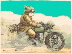  1boy brown_bag cat_boy engine goggles goggles_on_headwear gun_sling helmet motor_vehicle motorcycle on_motorcycle original sitting solo sten_gun weapon weapon_on_back yabarn 