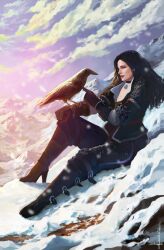  1girl absurdres ariavocado bird black_boots black_choker black_gloves black_hair black_jacket black_pants boots choker clouds crow gloves high_heel_boots high_heels highres jacket long_hair pants pendant_choker signature sitting snow the_witcher_(series) the_witcher_3 yennefer_of_vengerberg 