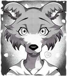  1girl absurdres beastars blush border closed_mouth commentary english_commentary eyelashes furry furry_female greyscale highres juno_(beastars) looking_at_viewer monochrome portrait solo straight-on white_border wolf_girl woofzilla 