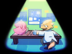  0_0 1girl 1other 2015 2d alphys ambiguous_gender anthro blueprint buck_teeth chair coat colored_skin digital_media dinosaur dinosaur_girl duo female floor ghost glasses indoors lab_coat lizard lizard_girl lizard_tail looking_at_another mettaton mettaton_(ghost) monster monster_girl nnbadbear painttool_sai_(medium) paper reptile reptile_girl reptile_tail scalie screwdriver shadow simple_background sitting spotlight stool table tail teeth undertale utdr_(toby_fox) white_coat yellow_skin 