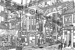  absurdly_detailed_composition absurdres analog_clock bicycle building car clock commentary_request complex_exterior greyscale highres lineart market_stall monochrome motor_vehicle original outdoors pen_(medium) people phone_number power_lines road scenery sign street traditional_media traffic_light translation_request urban utility_pole yamaguti 