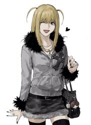  1girl amane_misa black_nails black_thighhighs blonde_hair cowboy_shot cross cross_necklace death_note fingernails fur_skirt fur_sleeves fur_trim grey_jacket heart highres jacket jewelry long_hair looking_at_viewer necklace one_eye_closed open_mouth ring sharp_fingernails simple_background skirt smile solo sso_s thigh-highs white_background 