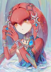  1girl :o agisato blush commentary_request fins fish_girl head_tail jewelry looking_at_viewer mipha partially_submerged solo the_legend_of_zelda the_legend_of_zelda:_breath_of_the_wild water yellow_eyes zora 
