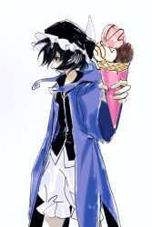  1other absurdres androgynous black_eyes black_hair black_hat black_shirt buttons coattails collared_shrug covered_mouth cowboy_shot detached_hood expressionless floating_hair frilled_headwear frilled_shorts frills giving_food hat highres hood hood_down hooded_jacket jacket len&#039;en long_sleeves mob_cap other_focus pointy_nose puffy_shorts purple_jacket shirt shitodo_kuroji short_hair shorts shrug_(clothing) simple_background solo standing triangular_headpiece white_background white_shorts wide_sleeves wind yancao_(pixiv_103434280) 