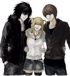 1girl 2boys alternate_costume amane_misa bags_under_eyes black_hair blonde_hair brown_hair closed_eyes closed_mouth cowboy_shot cropped_legs cross cross_earrings death_note denim denim_skirt earrings facing_viewer fur_trim hair_between_eyes hand_in_pocket hand_on_another&#039;s_wrist height_difference highres jewelry l_(death_note) long_hair looking_at_another looking_at_viewer multiple_boys necklace short_hair simple_background skirt smile sso_s teeth white_background yagami_light 